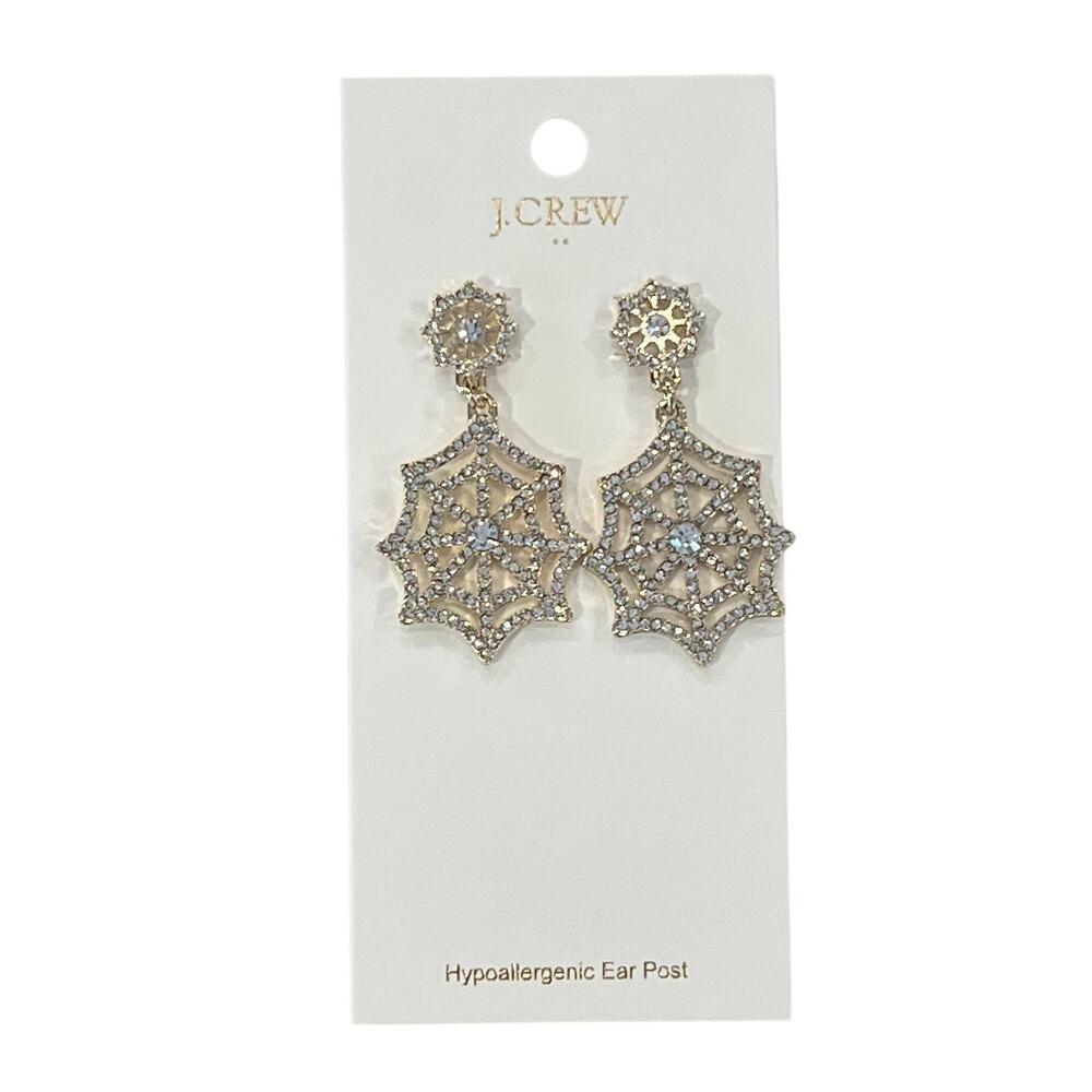 NWT J. Crew Gold Halloween Pavé Crystals Spiderweb Statement Earrings